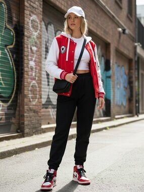 New Look Red & White Hooded Varsity Snap Jacket with "23" Patch